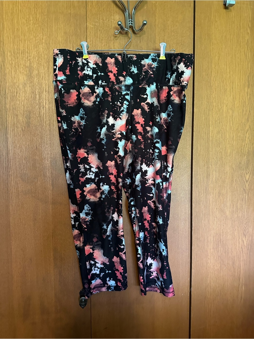 Livi Active Black Capri Leggings with Coral & Light Blue Floral Tie-Dye